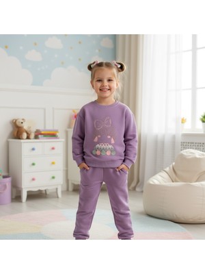 Ayma Kız Çocuk Lila Eşofman Takımı – Baskılı Sweatshirt ve Eşofman Altı 2’li Çocuk Takım