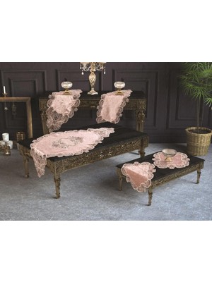 River Çeyiz Diyarı Fransız Güpürlü Yasemin Kadife Salon Takımı 5 Parça Pudra 161757