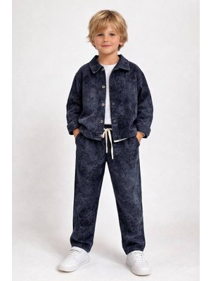 Cg Kids Lacivert Yıkamalı Desen Erkek Çocuk Süper Kalite Alt Üst Takım 3'lü Takım