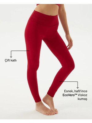 Ayma Active Kadın Kırmızı Basic Viskoz Tayt - EcoVero Viskoz, Çift Kat Yumuşak Kumaş, 4 Kat Korsaj, Yüksek Bel Spor ve Günlük Tayt