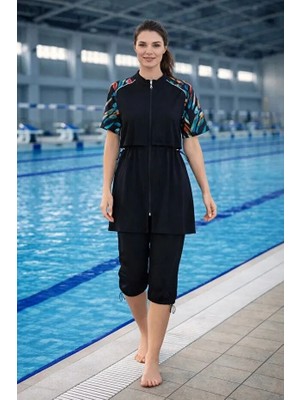 Tesmay Sporcu Likra Paraşüt Kumaş Yarım Kollu Önden Fermuarlı Kadın Mayo 3418