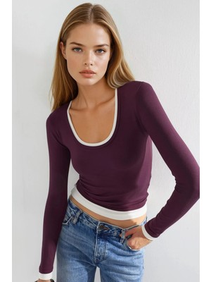 Hiccup Kadın Busem Kontrast Biye Detaylı Uzun Kollu Bluz Leylak Moru