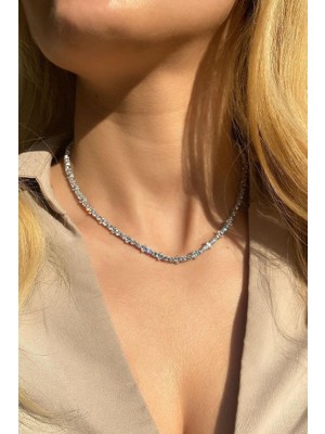 Spossy Silver Jewelry +A Kalite Araları Baget Taşlı Pırlanta Kilit Su Yolu Kolye