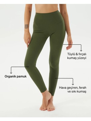 Ayma Active Kadın Haki Organik Pamuk Basic Tayt - Gots Sertifikalı, Yüksek Bel, Çift Kat Korsaj, Orta Yoğunluklu Yoga Pilates Taytı