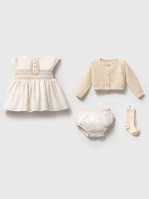 Noynoy Kız 3-6 Ay Gipeli Elbiseli 4lü Takım Özel Kutulu - Ekru - 3 - 6 Ay Ekru