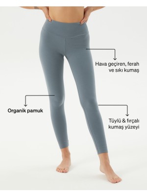 Ayma Active Kadın Mavi  Organik Pamuk Basic Tayt - Gots Sertifikalı, Yüksek Bel, Çift Kat Korsaj, Orta Yoğunluklu Yoga Pilates Taytı