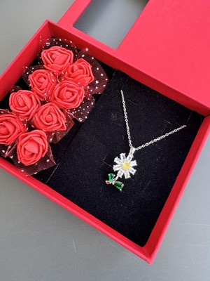 Gözde Aksesuarım Güllü Kutusunda Papatya Kolyesi Çelik