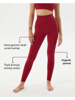 Ayma Active Kadın Bordo Koyu Kırmızı Organik Pamuk Basic Tayt - Gots Sertifikalı, Yüksek Bel, Çift Kat Korsaj, Orta Yoğunluklu Yoga Pilates Taytı