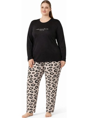 Pemilo Kadın 7261 Büyük Beden Uzun Kol Likralı Milan Pijama Takımı