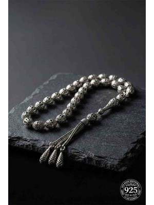 Erdobia 925 Ayar Oval Kesim 3 Kamçılı Püskül Orta Boy Füzyon Işlemeli Otantik Gümüş Tesbih