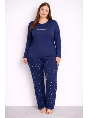 Pemilo Kadın 7258 Büyük Beden Likralı Uzun Kol Milan Pijama Takımı