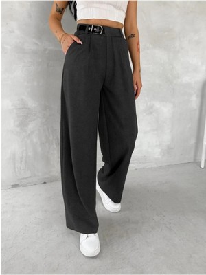 Win Moda Yan Kemerli Kadın Baggy Pantolon / Toka Kemerli Kumaş Pantolon