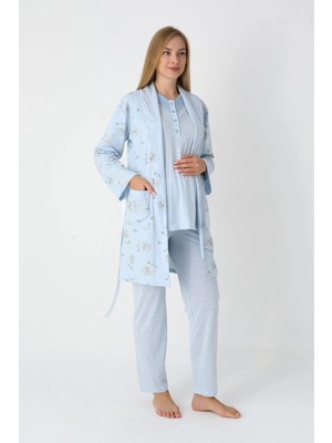 Erdeniz Tekstil Uzun Kol Penye Hamile Pijama ve Sabahlık Takımı Lohusa Seti 3'lü Takım