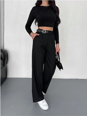 Win Moda Yan Kemerli Kadın Baggy Pantolon / Toka Kemerli Kumaş Pantolon