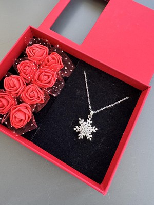 Gözde Aksesuarım Güllü Kutusunda Gümüş Renk Kar Tanesi Kolye Çelik