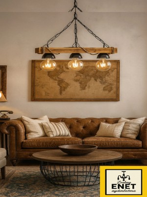 Allians Rustik Ahşap 3'lü Avize, Doğal Kütük ve Halat Detaylarıyla Şık Tasarım