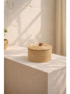 Barine Gouda Deri Saplı Kapaklı Rattan Sepet / Kutu 20X20XH14