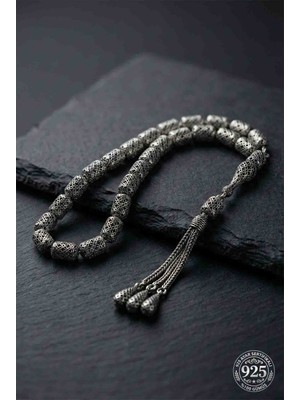 Erdobia 925 Ayar Kapsül Kesim 3 Kamçılı Püskül Orta Boy Yonca Işlemeli Otantik Gümüş Tesbih