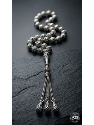 Erdobia 925 Ayar Küre Kesim 3 Kamçılı Püskül Bilek Boy Spiral Desenli Otantik Gümüş Tesbih