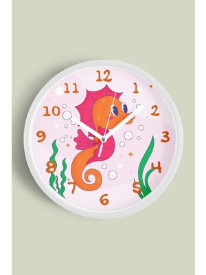 JHAAR Sevimli Denizatı Çocuk Odası Duvar Saati - 25CM - Önü Camlı Beyaz Kasa