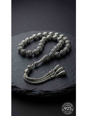 Erdobia 925 Ayar Küre Kesim 3 Kamçılı Püskül Bilek Boy Oval Işlemeli Otantik Gümüş Tesbih