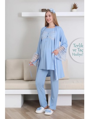 Erdeniz Tekstil Emzirme Düğmeli Hamile Pijama Takımı/ Dantel Sabahlıklı Lohusa Pijama Takım/ Terlik ve Taç Hediyeli