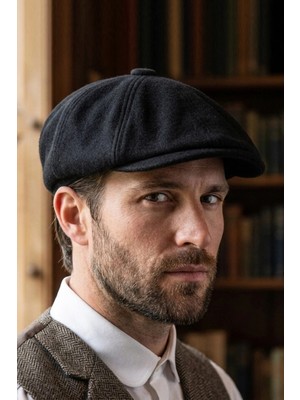 Bay Şapkacı Erkek Siyah Yün Kasket Şapka - %100 Doğal Yün Kalitesi
