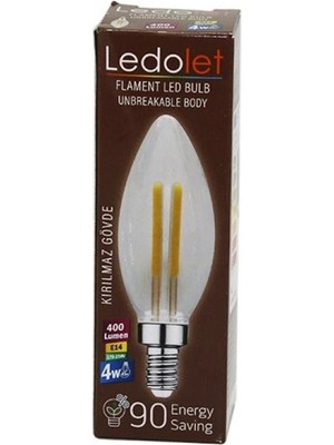 Marsilyan Ledolet  4W=45W - E14   Mum  Flament LED Rustik Ampul  400LUMEN - 3000K   Kırılmaz Gövde (K95)