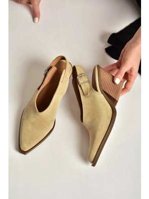 Fox Shoes U654304102 Bej Hakiki Deri Süet Western Topuklu Ayakkabı