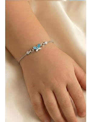 Söğütlü Silver 925 Ayar Gümüş Bileklik Mavi Mineli Kelebek Figürlü Çocuk Bileklik SGTL13295RODAJ