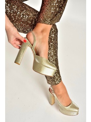 Fox Shoes Y246195107 Altın Yılan Baskı Platform Kalın Topuklu Kadın Abiye Ayakkabı