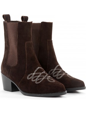 Rella Kahverengi Hakiki Deri Süet Kovboy Western Kadın Bot - Nakış Detaylı Kalın Topuklu Günlük Şık Bot