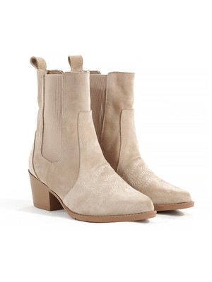 Rella Bej Hakiki Deri Süet Kovboy Western Kadın Bot - Nakış Detaylı Kalın Topuklu Günlük Şık Bot