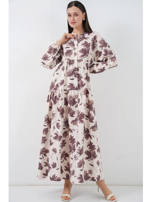 Hiccup Kadın Bdart Çiçek Desenli, Hakim Yakalı ve Düğmeli Maksi Elbise Mocha Kahvesi