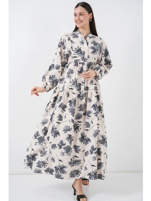 Hiccup Kadın Bdart Çiçek Desenli, Hakim Yakalı ve Düğmeli Maksi Elbise Gri