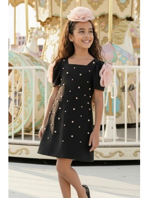 Pamina Kız Çocuk Inci Çiçekli Kollu Bayram - Doğum Günü - Partielbisesi 3-7 Yaş 36129PR-SIYAH