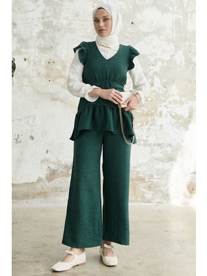 inStyle Omuzu Fırfırlı Üçlü Zümrüt Yeşili Takım