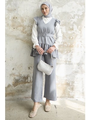 inStyle Omuzu Fırfırlı Üçlü Gri Takım