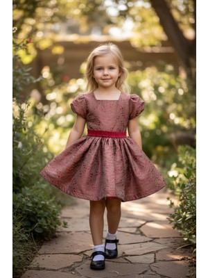 Gala Stil Gala Beli Kemerli Desenli Çocuk Elbise