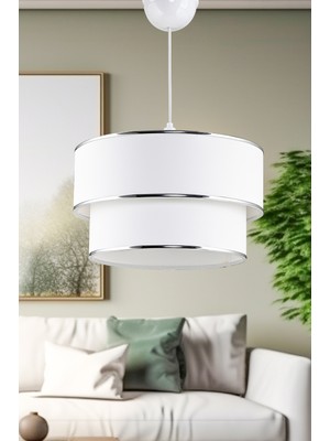 Allians Beyaz Krom Şeritli Kumaş Pasta Avize, Şık ve Modern Tasarım, Zarif Aydınlatma