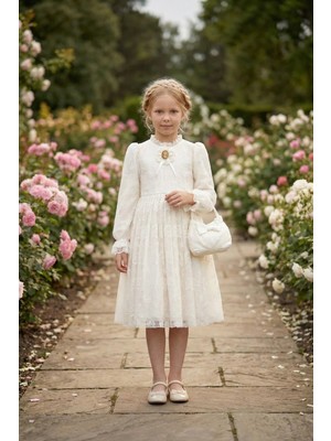 Pamina Kız Çocuk Klasik Dantelli Elbise ve Çanta Doğum Günü - Parti Elbisesi 3-7 Yaş, 36311PR-EKRU