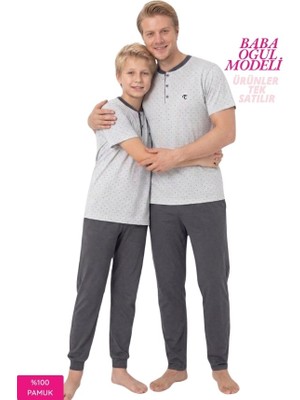 Bie's Çocuk Erkek Gri 3 Düğmeli Desenli %100 Pamuk Penye Kısa Kol Pijama Takımı-Baba Oğul Modeli-Tek Ürün Fiyatı