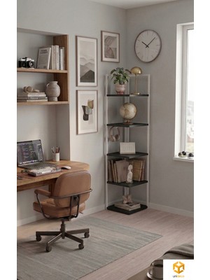 Ayz Ela 5 Raflı Metal Köşe Kitaplık Rafı Dekoratif Aksesuar Rafı Köşe Raf 180CM Beyaz -Siyah