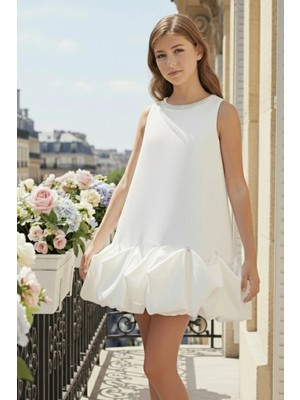 Pamina Kız Çocuk Saten Balon Doğum Günü - Parti - Mezuniyetelbisesi 8-14 Yaş 36113PR-EKRU