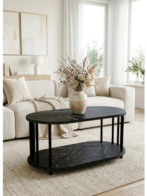 Mooncapella Orta Sehpa Oval Sehpa Zigon Sehpa Iki Katlı Gazetelikli Sehpa Siyah Ayak