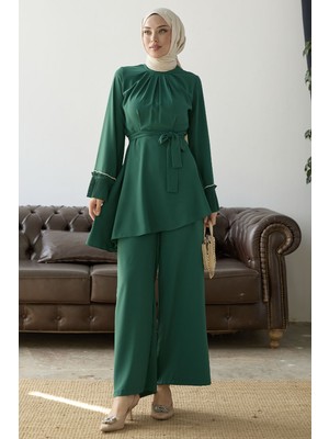 inStyle Kolu Piliseli Kuşaklı Zümrüt Yeşili Ikili Takım