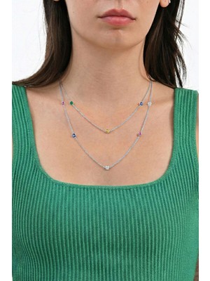 Söğütlü Silver 925 Ayar Gümüş Kolye Beyaz Altın Rodyumlu Renkli Zirkon Taşlı Sıralı Uzun 100 cm Zincir Kolye SGTL13290RODAJ