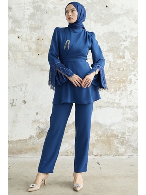 inStyle Püsküllü Kol Taşlı Krep Saks Mavisi Takım