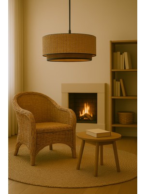 Allians Modern Doğal Hazeran Rattan Hasır Avize, Ahşap Desenli, Şık ve Ferah Aydınlatma