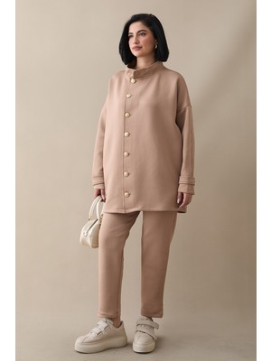 inStyle Düğmeli Hakim Yaka Camel Scuba Takım